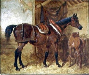 John Frederick Herring Snr - An Old Mare and Foal in a Stable, 1854