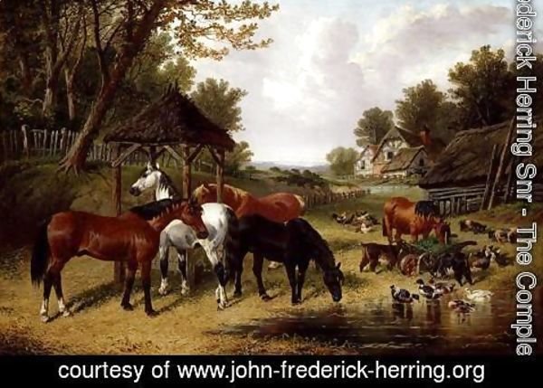John Frederick Herring Snr - Horses by a Farmyard pond