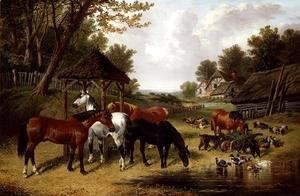 John Frederick Herring Snr - Horses by a Farmyard pond