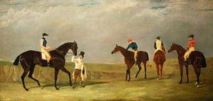 Preparing to start for the Doncaster Gold Cup, 1825, with Mr. Whitaker's 'Lottery', Mr. Craven's 'Longwaist', Mr.Lambton's 'Cedric' and Mr. Farquharson's 'Figaro'