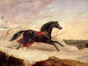 John Frederick Herring Snr - Arabs chasing a loose arab horse in an eastern landscape