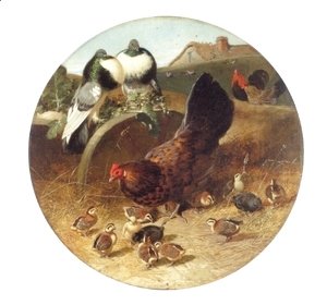 John Frederick Herring Snr - Hen With Chicks and Pigeons