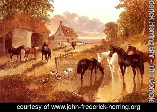 John Frederick Herring Snr - The Evening Hour, Horses And Cattle By A Stream At Sunset