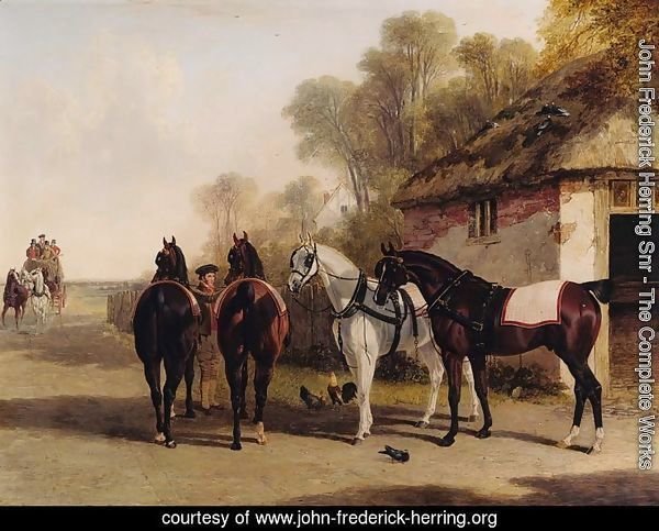 The Posting Inn, a change of horses waiting on a road with a mail coach approaching