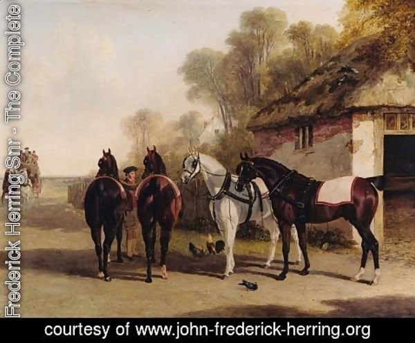 John Frederick Herring Snr - The Posting Inn, a change of horses waiting on a road with a mail coach approaching