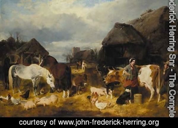 John Frederick Herring Snr - A farmyard scene with milkmaid and a farm labourer