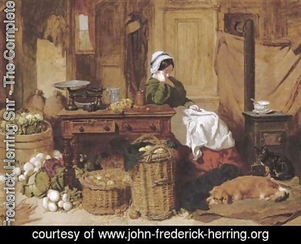 John Frederick Herring Snr - Jennie asleep at a kitchen table, surrounded by fruit and vegetables, with two dogs and a cat in front of the stove at her feet