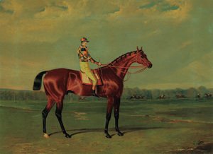 Memnon, a bay racehorse with William Scott up in the colours of Richard Watt, on Doncaster racecourse