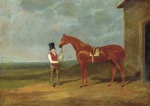 Mr. Dixon's Mountaineer, a chestnut colt, held by a groom outside a stable