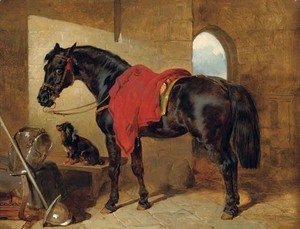 John Frederick Herring Snr - The cavalier's charger, saddled and draped with a crimson cloth, a King Charles spaniel with a blue bow around its neck, a cuirass