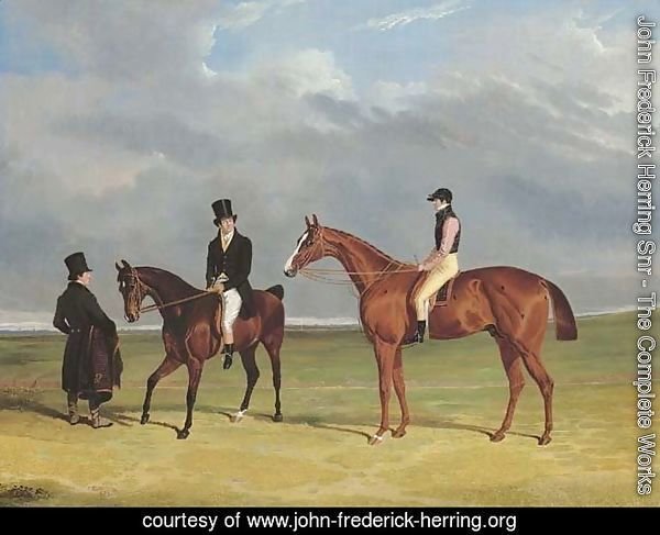 The Colonel with William Scott up and John Scott on a dark bay hack, with groom, Doncaster racecourse beyond