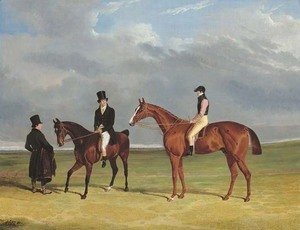 The Colonel with William Scott up and John Scott on a dark bay hack, with groom, Doncaster racecourse beyond