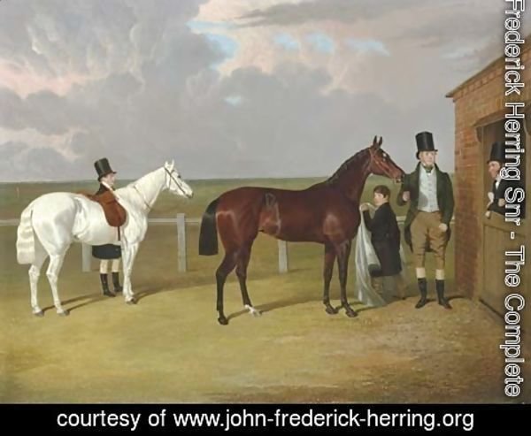 John Frederick Herring Snr - Vespa, a brown filly, held by her owner, Sir Mark Wood, Bt., her trainer seen leaning on a stable door, and a groom with a grey pony in attendance