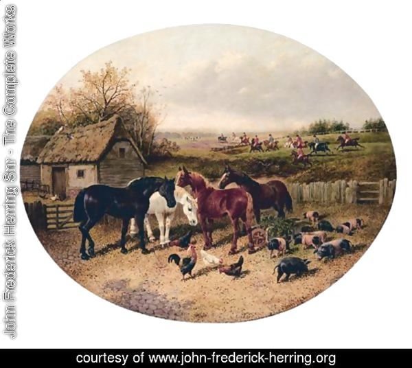 Farmyard With The Hunt In The Distance